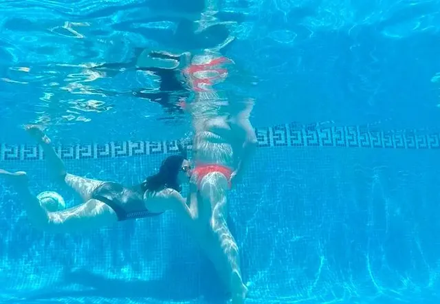 Metallic Swimsuit fucked in the pool