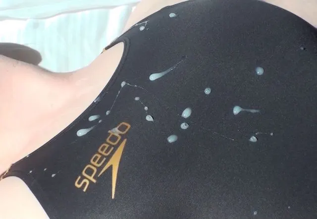 Cumshot on my Speedo black shiny kneeskin